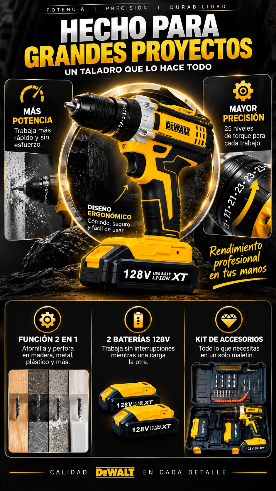 Taladro DeWalt 128 V con 2 baterías (réplica)